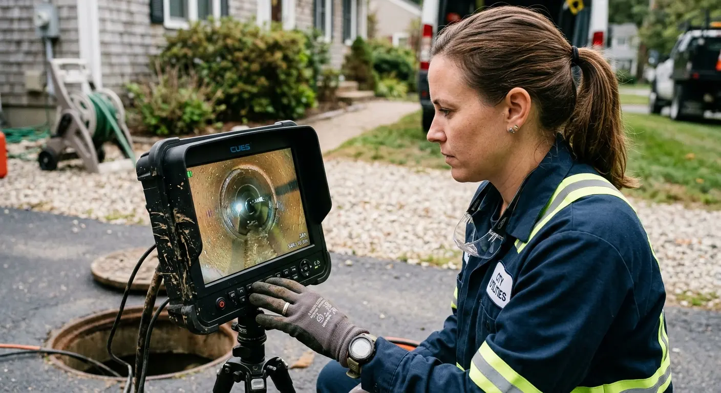 Technician reviewing sewer camera inspection footage in Red Wing