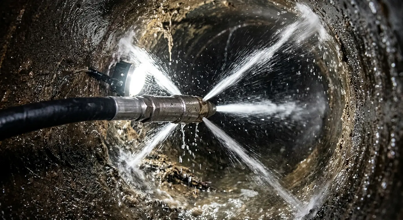 High-pressure hydro jetting nozzle cleaning sewer pipe for Emergency Drain Service in Red Wing