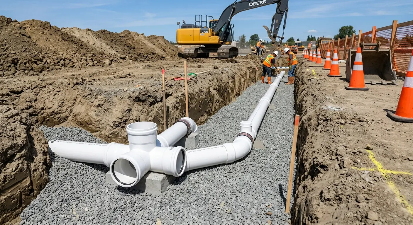 New PVC sewer pipe installation in open trench for Sewer Backup in Red Wing