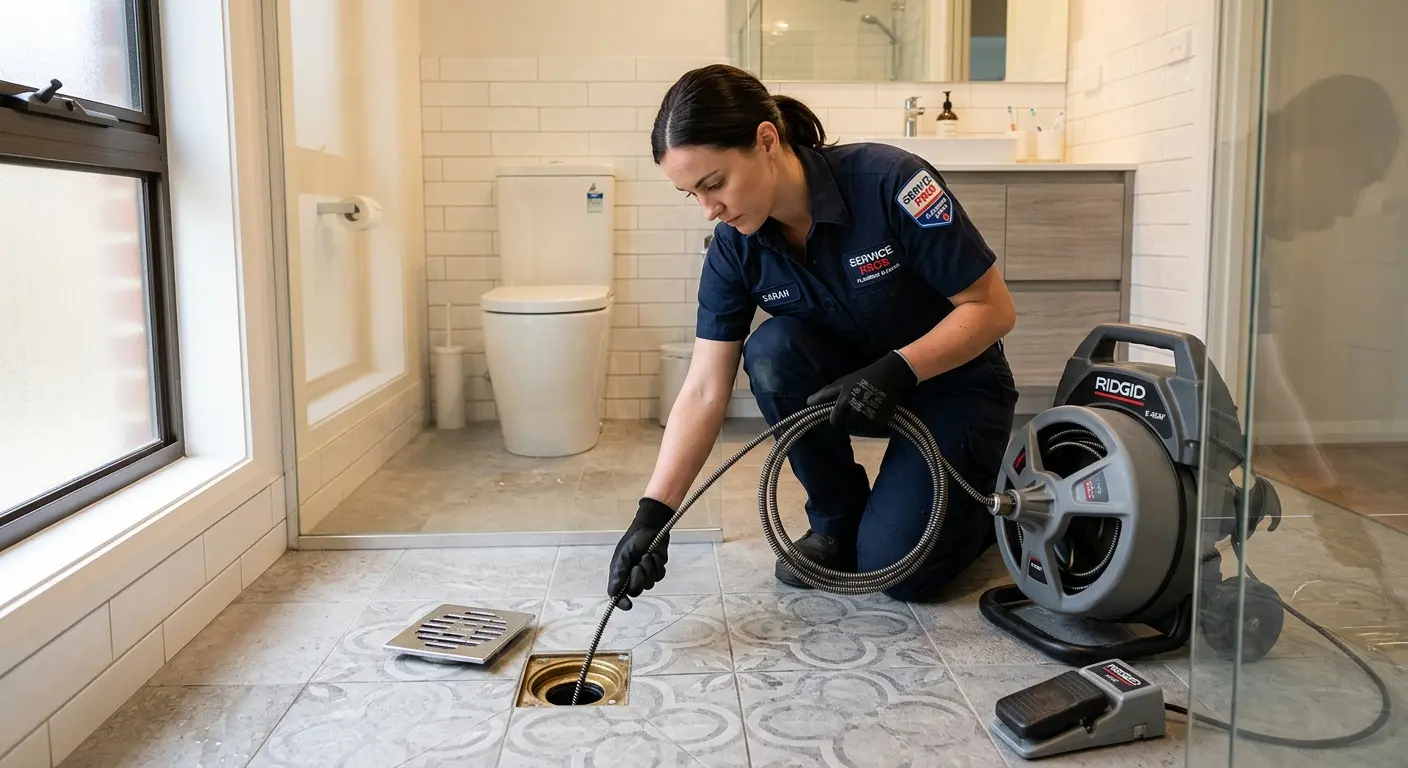 Technician clearing a bathroom floor drain for Sewer Line Replacement in Red Wing